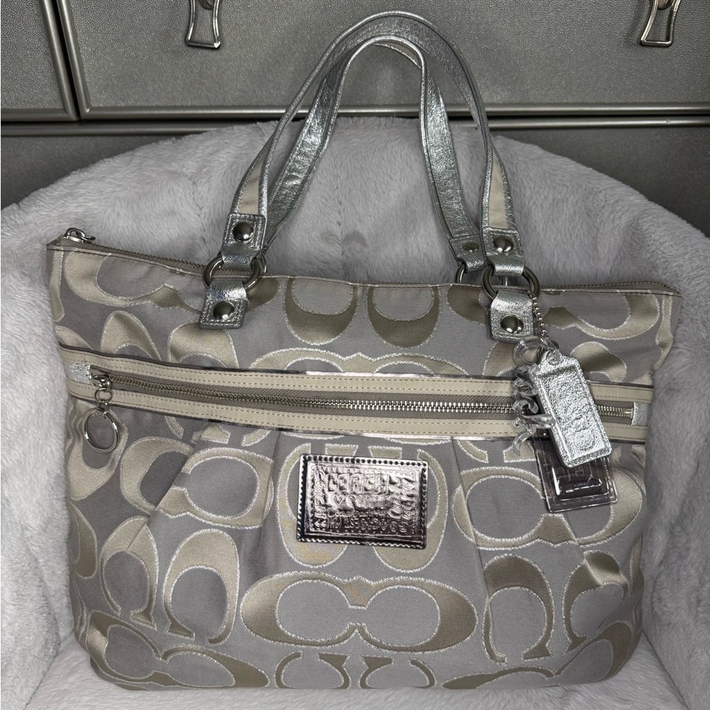 SOLD - Silver Metallic Coach Poppy Signature Tote Bag